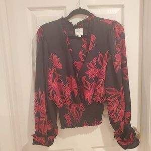 Misa Silk Long Sleeve Black and Red floral blouse